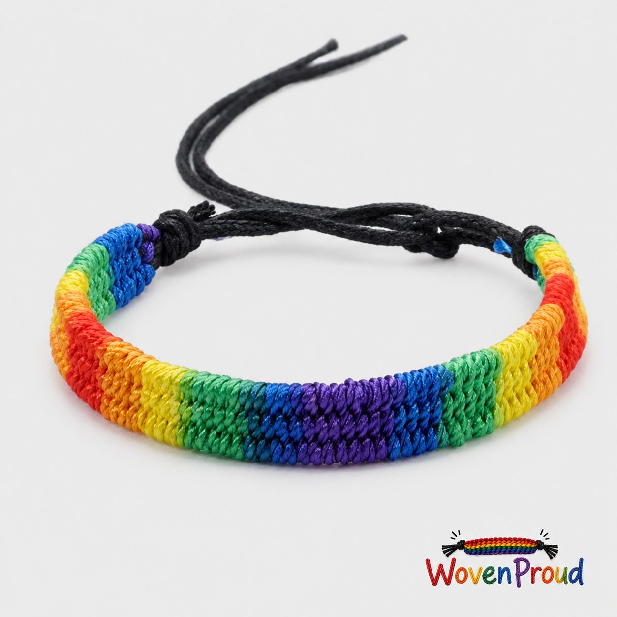 Rainbow Woven Pride Bracelet — front view, hand-braided rainbow cord with adjustable black slip-knot