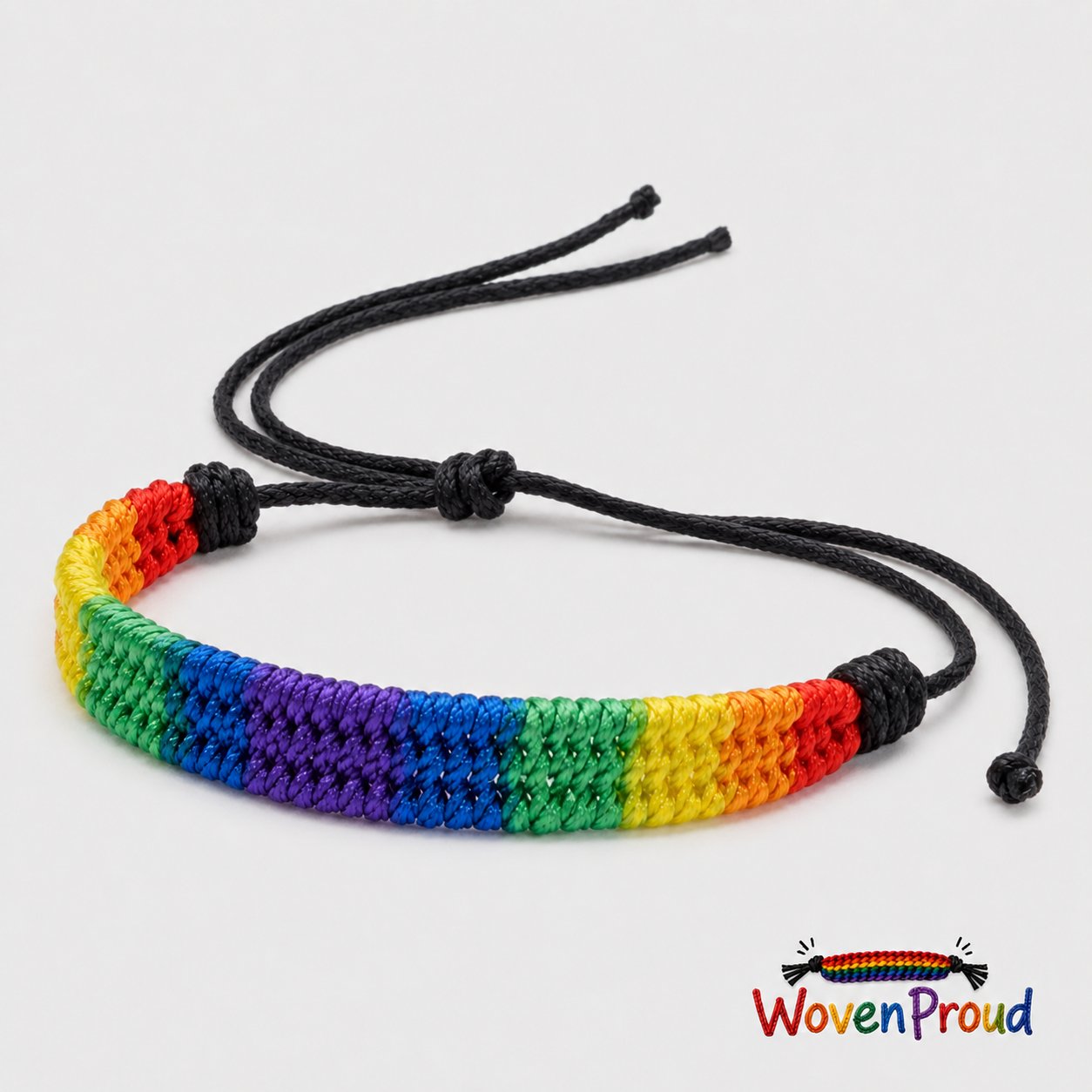 Rainbow Woven Pride Bracelet — side view showing adjustable sliding knots